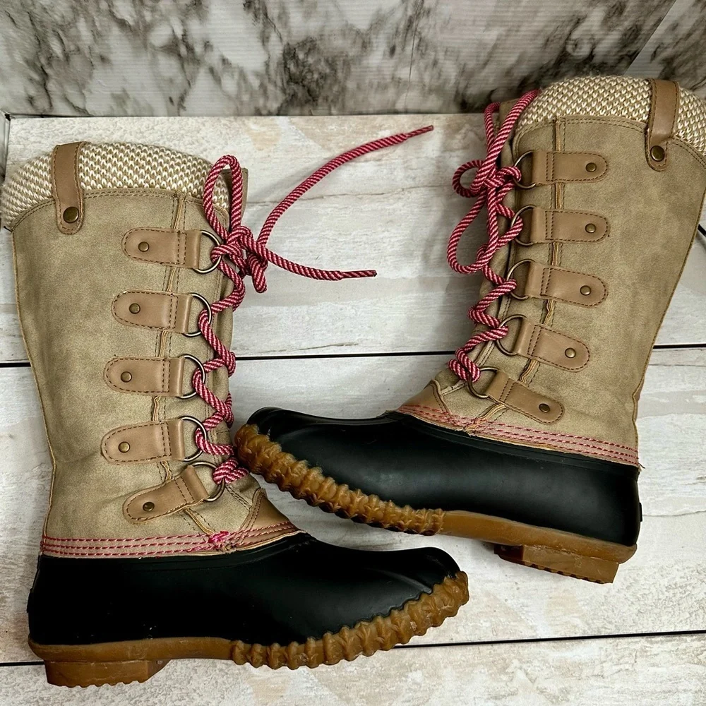 Espirit Women Sz 7 Pink Tan Belinda Muck Boots Farmcore Lace Up Tall Duck Shoes